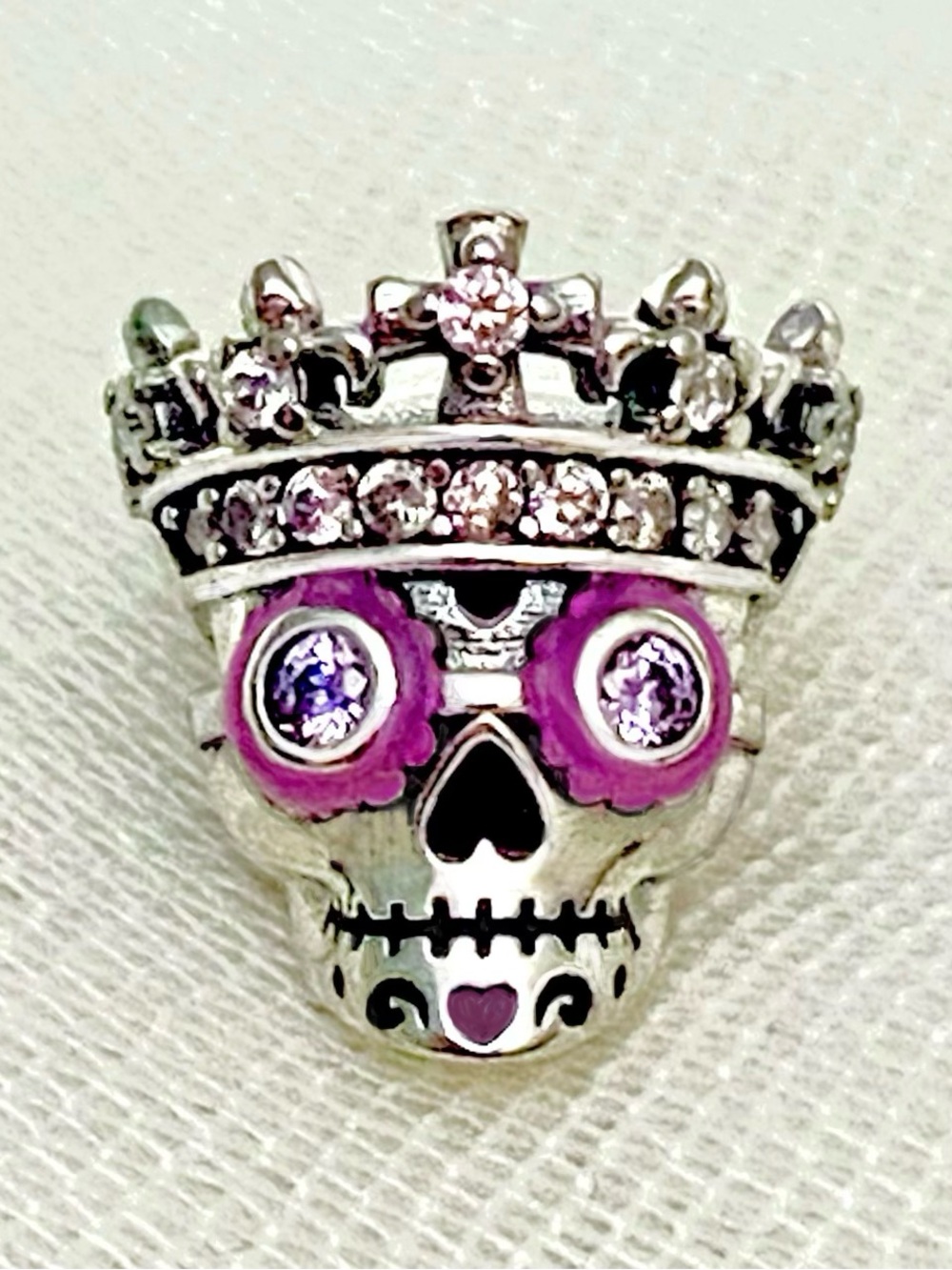 Regal Glow In The Dark Sugar Skull Crown Charm | 925 Sterling, Enamel, Cz gems